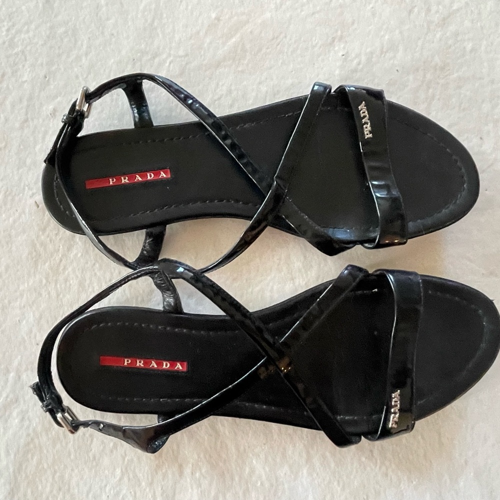 Prada Black Sandals w/ small Prada Spell Out / sz 39
